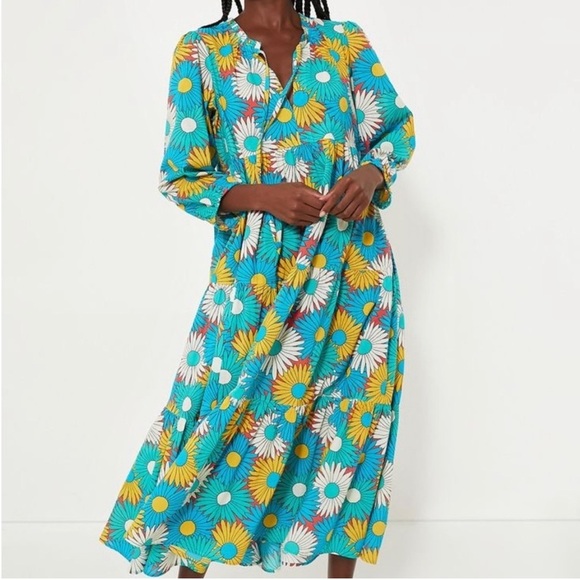 Tuckernuck Retro Daisy Long Sleeve Caftan Dress-Womens XS-Blue/Yellow Floral-NEW - Picture 1 of 9
